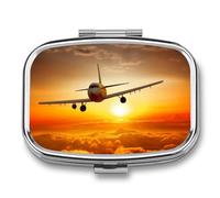 Pilulier en forme d'avion au coucher du soleil avec 2 compartiments, pilulier carré portable, pilulier de vitamines pour poche, sac à main et voyage