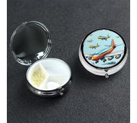Pilulier en forme d'avion de dessin animé avec miroir - 3 compartiments - Pour sac à main ou poche - Petit pilulier rond en métal - Pour médicaments et vitamines - Cadeau de voyage