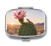 Pilulier en forme de cactus en fleur à 2 compartiments carré en métal - Mini étui à médicaments de voyage avec miroir - Joli récipient à médicaments pour sac à main de poche