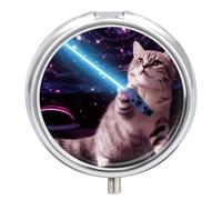 Pilulier en forme de chat laser fantaisie rond en métal avec 3 compartiments - Mini support portable pour médicaments de voyage, médicaments et vitamines