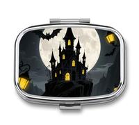 Pilulier en forme de château de vampire à 2 compartiments carré en métal - Mini étui de voyage portable avec miroir - Joli récipient à médicaments pour sac à main de poche