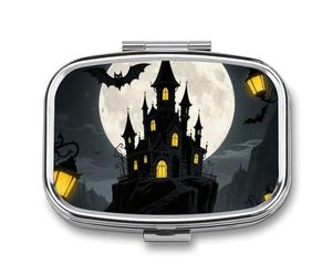 Pilulier en forme de château de vampire à 2 compartiments carré en métal - Mini étui de voyage portable avec miroir - Joli récipient à médicaments pour sac à main de poche
