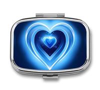 Pilulier en forme de cœur bleu à 2 compartiments, pilulier portable avec miroir pour poche, sac à main, voyage, mini organisateur de médicaments en métal pour vitamines, huile de poisson
