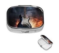Pilulier en forme de guitare électrique à 2 compartiments carré portable pour poche ou sac à main, petit planificateur hebdomadaire de médicaments de voyage avec miroir décoratif en métal et