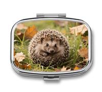 Pilulier en forme de hérisson à 2 compartiments carré en métal - Mini étui de voyage portable avec miroir - Joli récipient à médicaments pour sac à main de poche