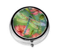 Pilulier en forme de libellules et de fleurs avec miroir rétro - Petite boîte à pilules à 3 compartiments pour sac à main ou poche de voyage - Boîte à pilules décorative en métal - Cadeau unique