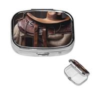 Pilulier en forme de selle de cheval avec chapeau de cowboy sauvage à 2 compartiments carré portable pour poche ou sac à main, pilulier hebdomadaire, organiseur décoratif en métal pour médicaments