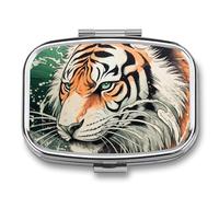 Pilulier en forme de tigre dessiné à la main à 2 compartiments, pilulier portable avec miroir pour sac à main, voyage, mini organisateur de médicaments en métal pour vitamines, huile de poisson