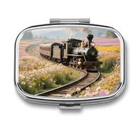 Pilulier en forme de train à vapeur 2 compartiments carré en métal - Mini étui de voyage portable avec miroir - Joli récipient à médicaments pour sac à main de poche