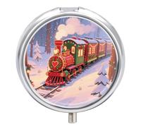 Pilulier en forme de train de Noël à 3 compartiments rond en métal - Mini étui de voyage portable avec miroir - Joli récipient à médicaments pour sac à main de poche