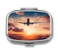 Pilulier en métal à 2 compartiments en forme d'avion, coucher de soleil, ciel, petit pilulier de voyage, pilulier portable, mini support de médicaments quotidiens pour vitamines, huile de poisson