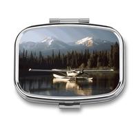 Pilulier en métal à 2 compartiments en forme d'avion sur le lac - Petit pilulier de voyage portable - Mini porte-médicaments quotidien pour vitamines, huile de poisson