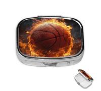 Pilulier en métal à 2 compartiments en forme de basket-ball sur le feu, étui pour sac à main ou poche, joli mini pilulier portable de voyage pour contenir des suppléments et des vitamines