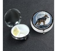 Pilulier en métal à 3 compartiments en forme de loup sous la lune pour sac à main ou poche, mini pilules de voyage portable pour contenir des suppléments, des vitamines, de l'huile de poisson