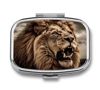 Pilulier en métal Angry Lion - 2 compartiments - Étanche - Avec miroir - Pour sac à main, sac à main, porte-vitamines, médicaments quotidiens (carré)