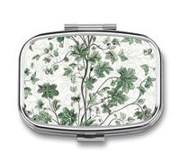 Pilulier en métal avec feuilles vertes et vignes, 2 compartiments étanche avec miroir pour sac à main, porte-vitamines, médicament quotidien, récipient de voyage moyen (carré)