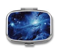 Pilulier en métal avec miroir - 2 compartiments de voyage pour sac à main, pilulier portable, conteneur compact pour vitamines, univers bleu, espace, galaxie, organiseur de médicaments pour huile de