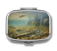 Pilulier en métal avec miroir - 2 compartiments de voyage pour sac à main, pilulier portable, conteneur compact pour vitamines, pêche, lac, pêcheurs, médicaments pour huile de poisson et supplément