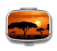 Pilulier en métal avec miroir - 2 compartiments de voyage pour sac à main, pilulier portable, récipient compact à vitamines, coucher de soleil, savane africaine, organisateur de médicaments pour huile
