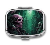 Pilulier en métal avec miroir - 2 compartiments de voyage pour sac à main, pilulier portable, récipient compact pour vitamines, crâne sous lumière verte, organiseur de médicaments pour huile de