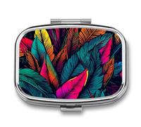 Pilulier en métal avec miroir - 2 compartiments - Pilulier de voyage portable pour sac à main - Conteneur compact à vitamines - Motif feuilles tropicales colorées - Organiseur de médicaments pour