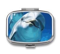 Pilulier en métal avec miroir - 2 compartiments pour sac à main, pilulier portable compact pour vitamines, dauphin avec un organisateur de médicaments souriant pour huile de poisson et supplément