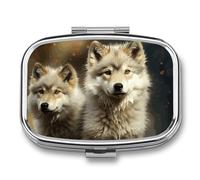 Pilulier en métal avec miroir - 2 compartiments pour sac à main, pilulier portable, conteneur compact pour vitamines, organiseur de médicaments mignon en forme de loup pour huile de poisson et