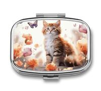 Pilulier en métal avec miroir - 2 compartiments pour sac à main, pilulier portable, conteneur compact pour vitamines, chaton, papillon, organiseur de médicaments pour huile de poisson et supplément
