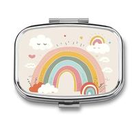 Pilulier en métal avec miroir - 2 compartiments pour sac à main, pilulier portable, conteneur compact pour vitamines, arc-en-ciel et nuage, organiseur de médicaments pour huile de poisson et