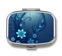 Pilulier en métal avec miroir - 2 compartiments pour sac à main, pilulier portable, conteneur compact pour vitamines, mini fleur bleue, organisateur de médicaments pour huile de poisson et supplément