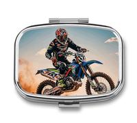 Pilulier en métal avec miroir - 2 compartiments pour sac à main, pilulier portable, conteneur compact pour vitamines, sport, moto, motocross, course à thème, organisateur de médicaments pour huile de