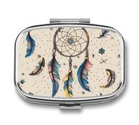 Pilulier en métal avec miroir - 2 compartiments pour sac à main, pilulier portable, récipient compact pour vitamines, attrape-rêves et organisateur de médicaments lunaire pour huile de poisson et