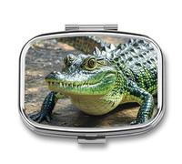 Pilulier en métal avec miroir - 2 compartiments pour sac à main, pilulier portable, récipient compact pour vitamines, organiseur de médicaments vert crocodile pour huile de poisson et supplément
