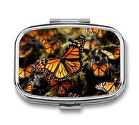 Pilulier en métal avec miroir - Pilulier de voyage à 2 compartiments pour sac à main, pilulier compact contenant des vitamines et des tas de papillons monarques oranges, organisateur de médicaments