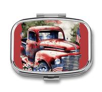 Pilulier en métal avec miroir - Pilulier de voyage à 2 compartiments pour sac à main, pilulier compact compact pour vitamines du 4 juillet - Camion rouge patriotique - Organiseur de médicaments pour