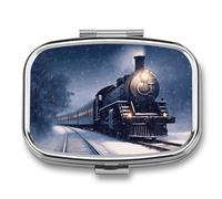 Pilulier en métal avec miroir - Pilulier de voyage à 2 compartiments pour sac à main, pilulier compact pour vitamines, hiver, Noël, neige, nuit, train ferroviaire, organiseur de médicaments pour huile