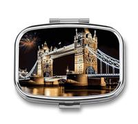 Pilulier en métal avec miroir - Pilulier de voyage à 2 compartiments pour sac à main, pilulier portable, conteneur de vitamines compact pour la nuit, le pont de Londres, organisateur de médicaments