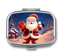 Pilulier en métal avec miroir - Pilulier de voyage à 2 compartiments pour sac à main, pilulier portable, récipient compact pour vitamines de Noël, Père Noël, organisateur de médicaments pour huile de