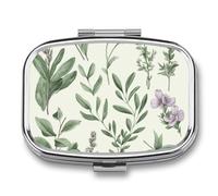 Pilulier en métal avec miroir - Pilulier de voyage à 2 compartiments pour sac à main, pilulier portable, récipient compact pour vitamines, fleurs vertes, herbes, feuilles de sauge, feuilles et