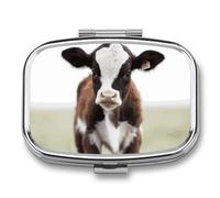 Pilulier en métal avec miroir - Pilulier de voyage à 2 compartiments pour sac à main, pilulier portable, conteneur compact pour vitamines bébé vache organisateur de médicaments pour huile de poisson