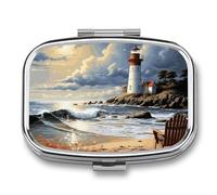 Pilulier en métal avec miroir - Pilulier de voyage à 2 compartiments pour sac à main, pilulier portable, récipient compact pour vitamines, phare de mer, plage de sable, organiseur de médicaments pour