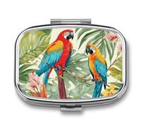 Pilulier en métal avec miroir - Pilulier de voyage à 2 compartiments pour sac à main, pilulier portable, conteneur compact pour vitamines, plantes tropicales et perroquets, organiseur de médicaments
