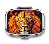 Pilulier en métal avec miroir - Pilulier de voyage à 2 compartiments pour sac à main, pilulier portable, conteneur compact à vitamines, tête de lion jaune, organisateur de médicaments pour huile de