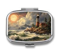 Pilulier en métal avec miroir - Pilulier de voyage à 2 compartiments pour sac à main, pilulier portable, récipient compact pour vitamines, vagues côtières et phare, organisateur de médicaments pour