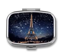 Pilulier en métal avec miroir - Pilulier de voyage à 2 compartiments pour sac à main, pilulier portable, récipient compact à vitamines, tour Eiffel, organisateur de médicaments pour huile de poisson