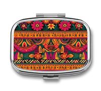 Pilulier en métal avec miroir - Pilulier de voyage à 2 compartiments pour sac à main, pilulier portable, récipient compact pour vitamines, art folklorique mexicain, bohème - Organiseur de médicaments
