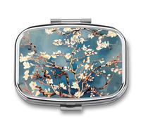Pilulier en métal avec miroir - Pilulier de voyage à 2 compartiments pour sac à main, pilulier portable, conteneur compact à vitamines en fleur d'amandier, organisateur de médicaments pour huile de
