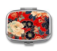 Pilulier en métal avec miroir - Pilulier de voyage à 2 compartiments pour sac à main, pilulier portable, récipient compact à vitamines, fleurs rouge foncé, organisateur de médicaments pour huile de