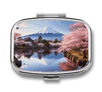 Pilulier en métal avec miroir - Pilulier de voyage à 2 compartiments pour sac à main, pilulier portable, conteneur compact à vitamines, support de montage Fuji cerisiers en fleurs, organisateur de
