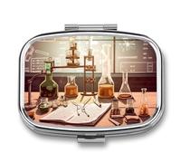 Pilulier en métal avec miroir - Pilulier de voyage à 2 compartiments pour sac à main, pilulier portable, récipient compact pour vitamines, chimie, laboratoire, médicaments, huile de poisson et